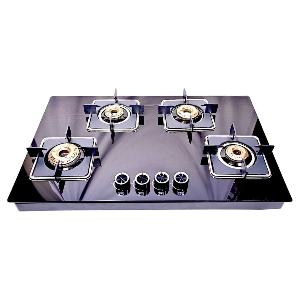 Premium Four-Burner Gas Stove with Black Glass Surface and Brass Burners