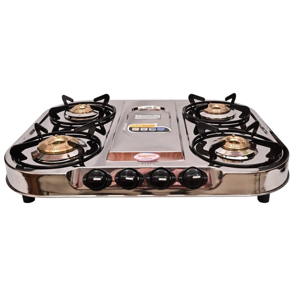 Stylish Four-Burner Stainless Steel Gas Stove with Polished Round Design and Brass Burners