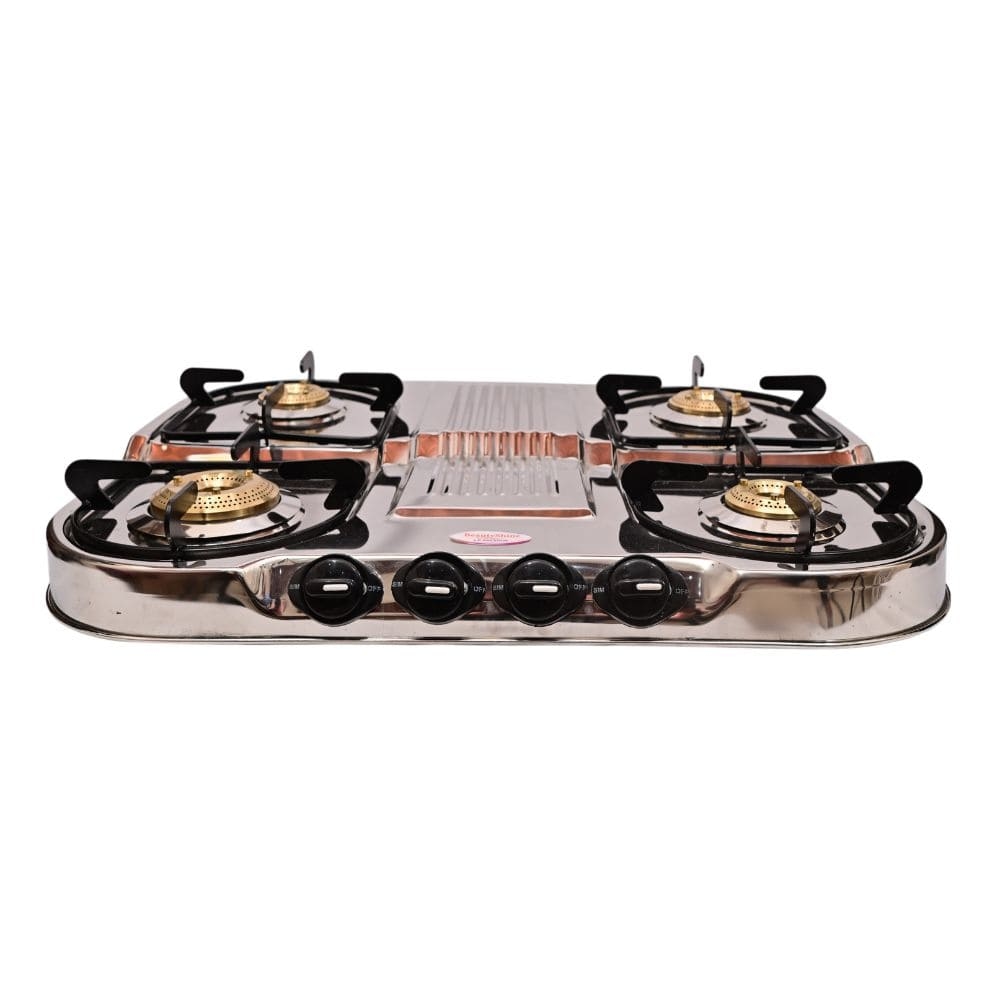 Innovative Four-Burner Stainless Steel Gas Stove with Unique Step Design to Prevent Utensil Collision