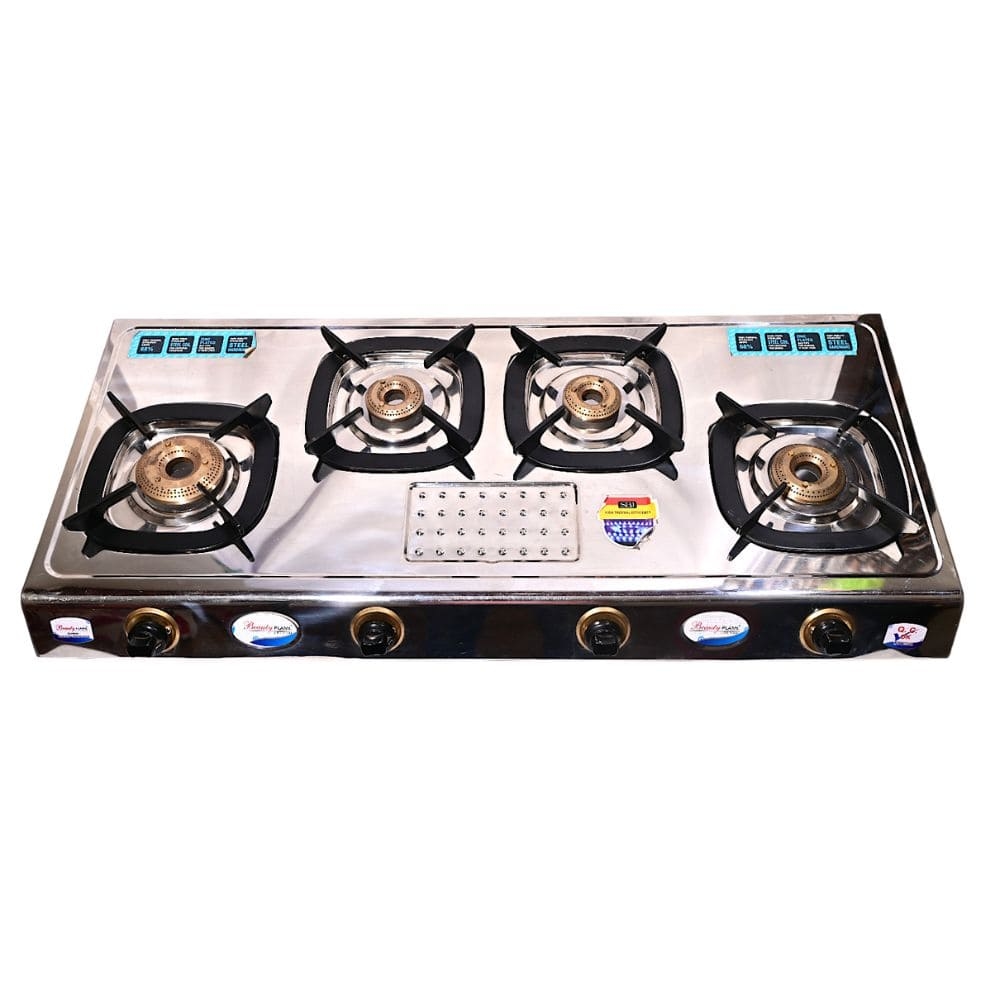 Durable Four-Burner Gas Stove with Stainless Steel Body and Versatile Burner Sizes