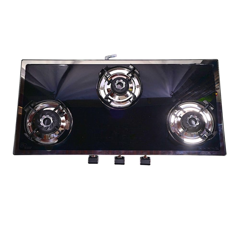 Premium Stainless Steel 3-Burner Gas Stove with Jumbo Burner and Black Glass Top