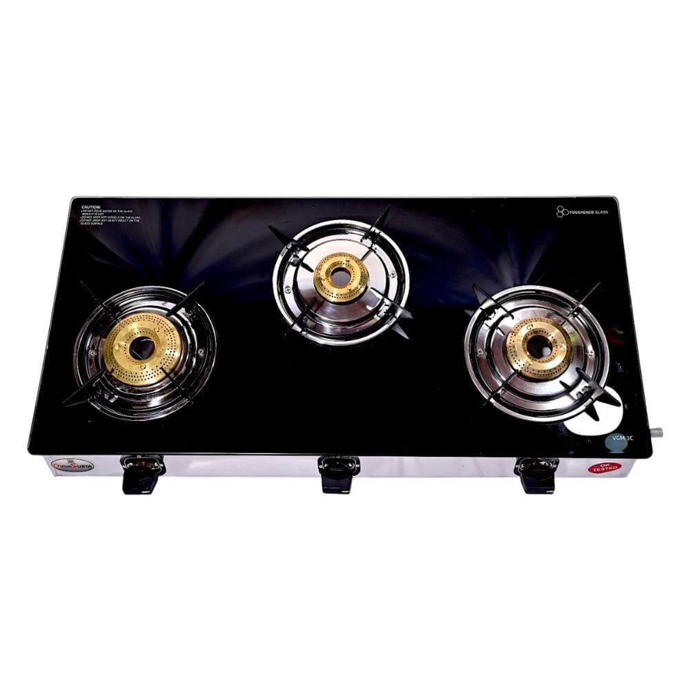 Stainless Steel 3-Burner Gas Stove with Black Glass and Brass Burners