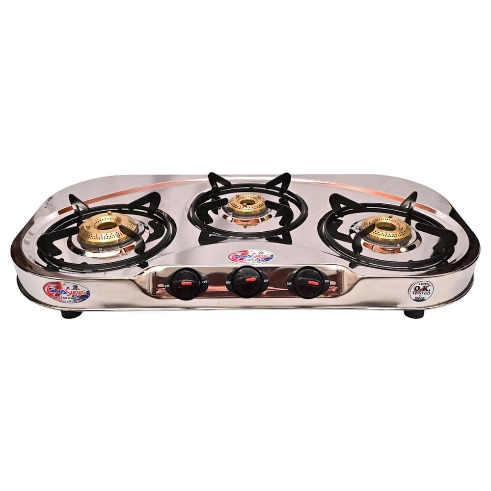 Durable Three-Burner Gas Stove with Stainless Steel Rounded Body