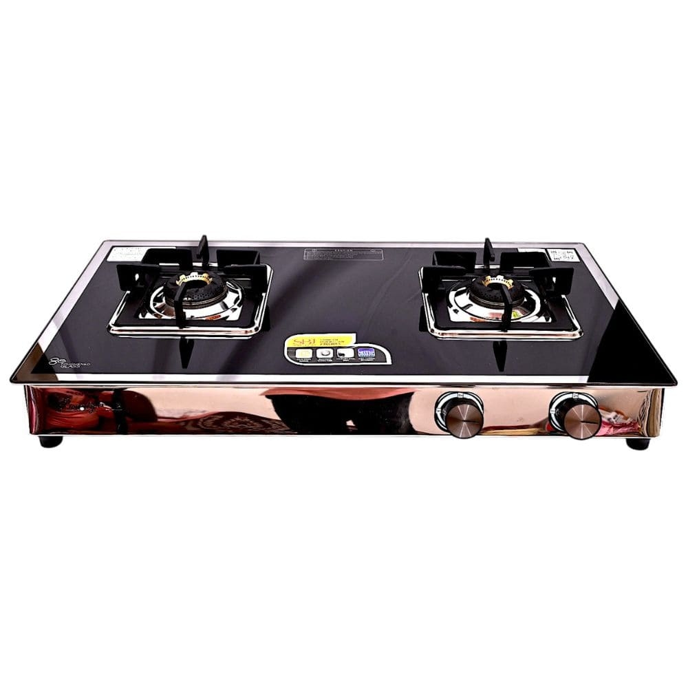 Two-Burner Gas Stove with Premium Black Glass Top and Brass Burners