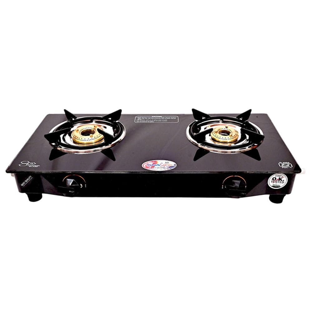 Two-Burner Gas Stove with Sleek Black Glass Surface and Brass Burners