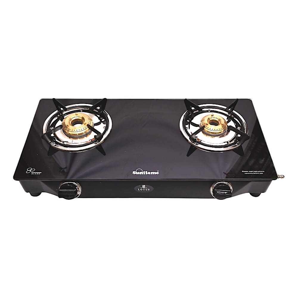 Sunflame Two-Burner Gas Stove with Black Glass Top and Brass Burners