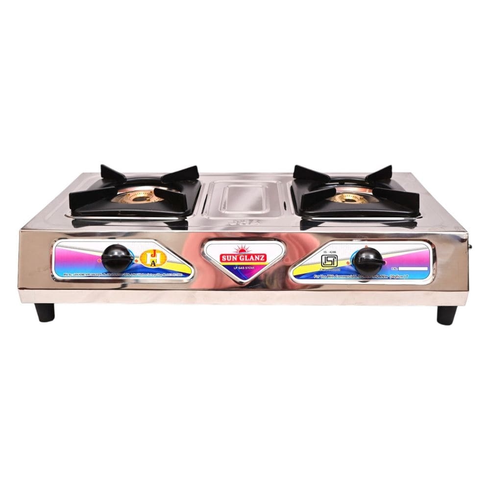Two-Burner Auto Ignition Gas Stove with Stainless Steel Body and Iron Cast Supports