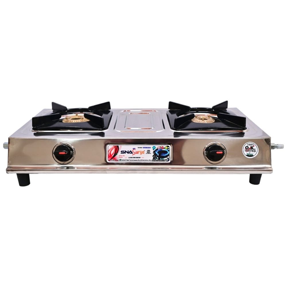 Two-Burner Gas Stove with Stainless Steel Body and Iron Cast Plate Support