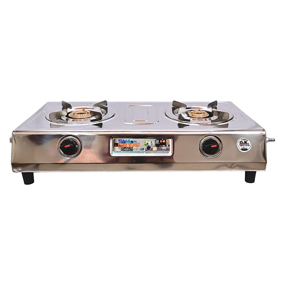 Stainless Steel Two-Burner Gas Stove with Brass Burners and Pan Support