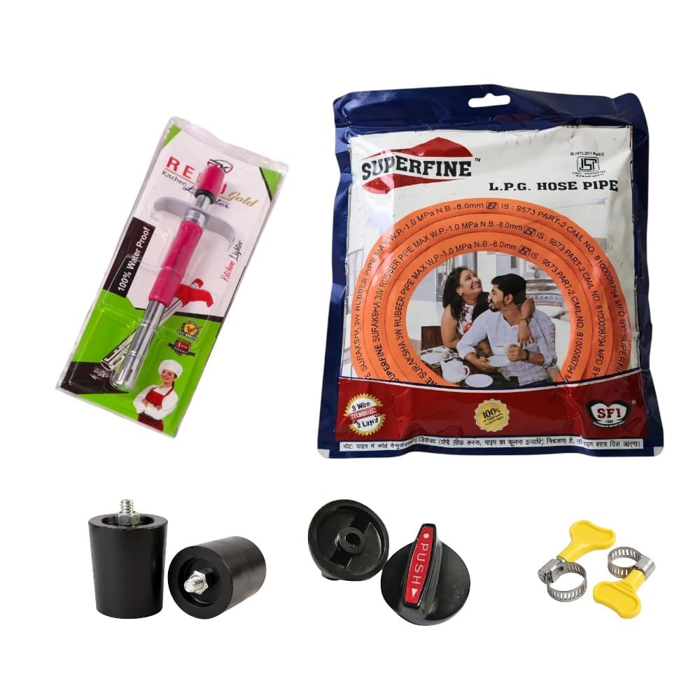 Essential Gas Stove Accessory Set with Pipe, Knobs, Lighter , SS Leg Set & Clips - 5 Pieces