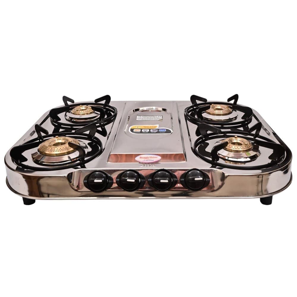 Stylish Four-Burner Stainless Steel Gas Stove with Polished Round Design and Brass Burners