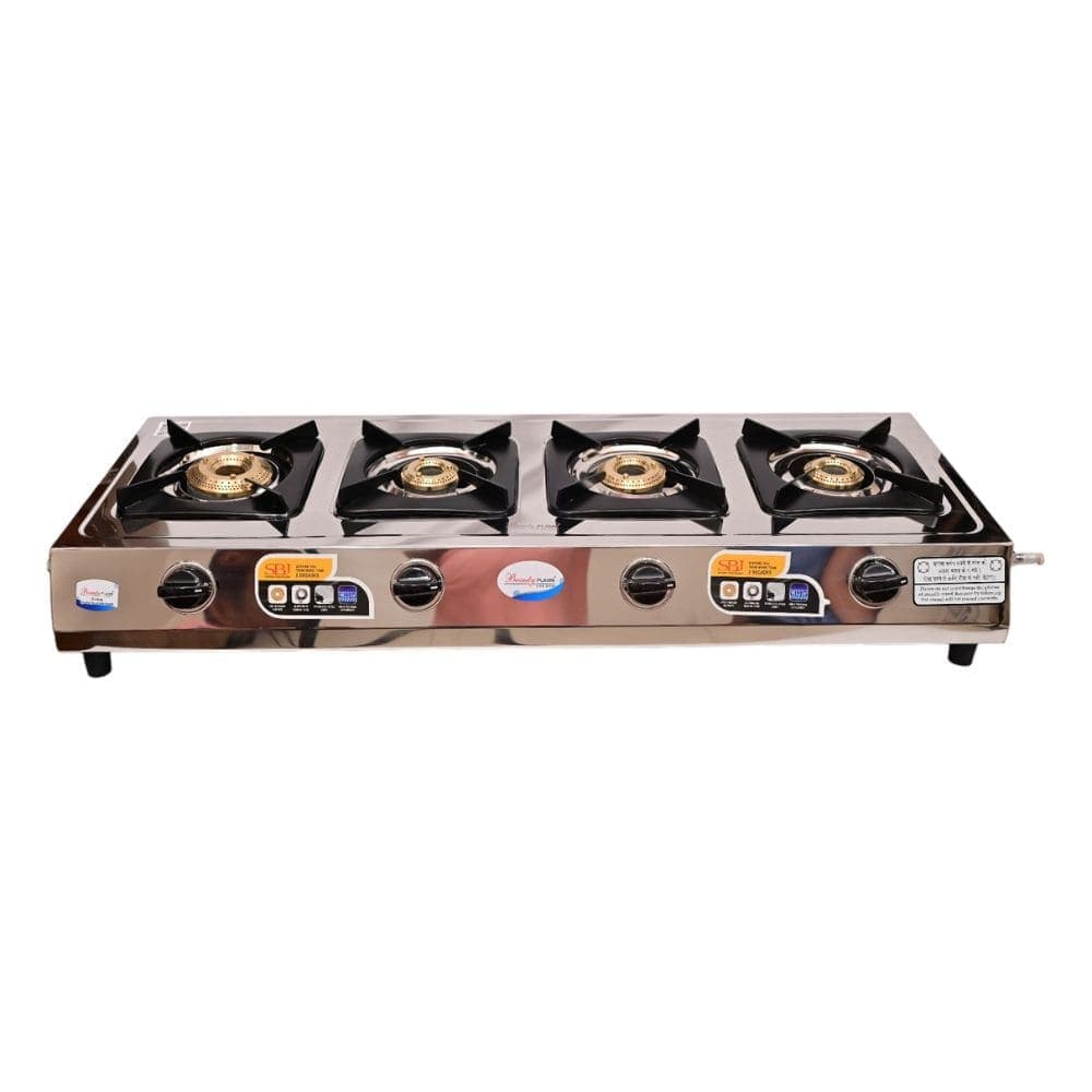 Stainless Steel 4-Burner Gas Stove with Linear Layout and Brass Burners