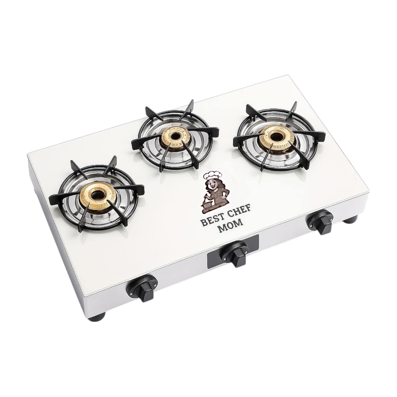 Sleek Slim Three-Burner Stainless Steel Gas Stove with Polished Finish and Personalised Laser Printing Image