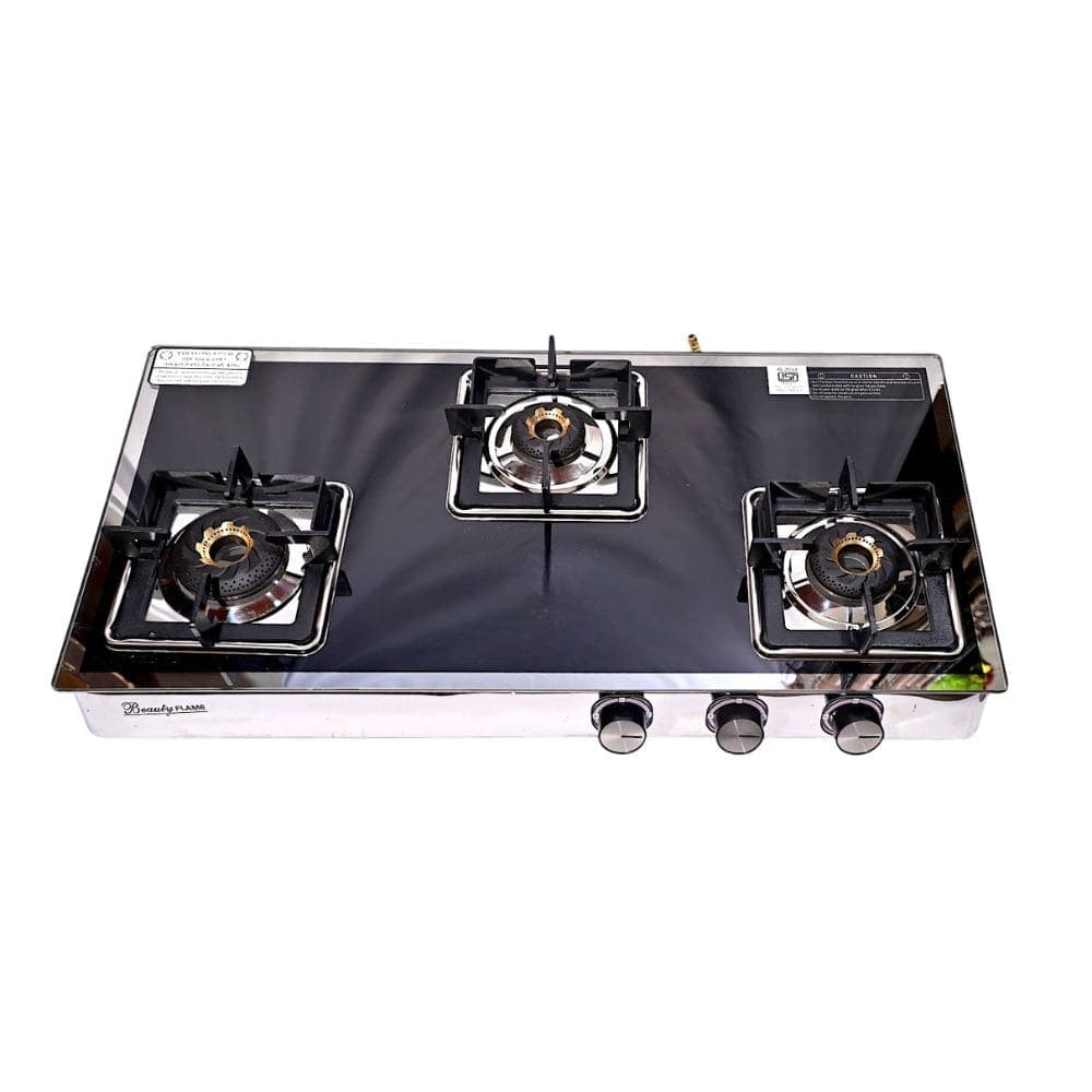 Premium Three-Burner Gas Stove with Black Glass Top and Stainless Steel Frame