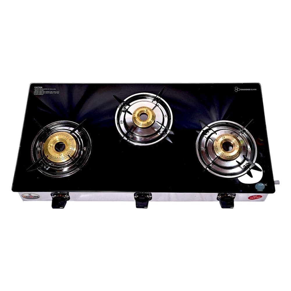 Stainless Steel 3-Burner Gas Stove with Black Glass and Brass Burners