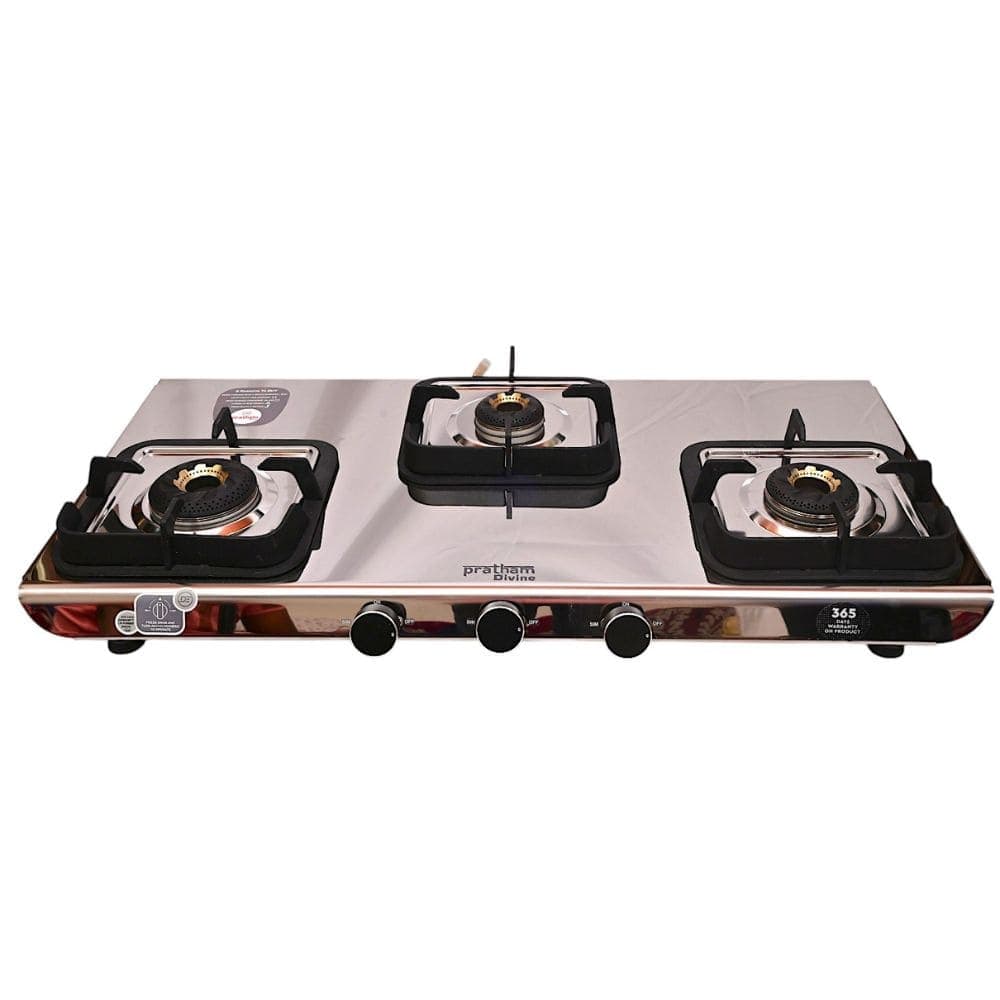 Premium Stainless Steel Three-Burner Gas Stove with Heavy-Duty Brass Burners