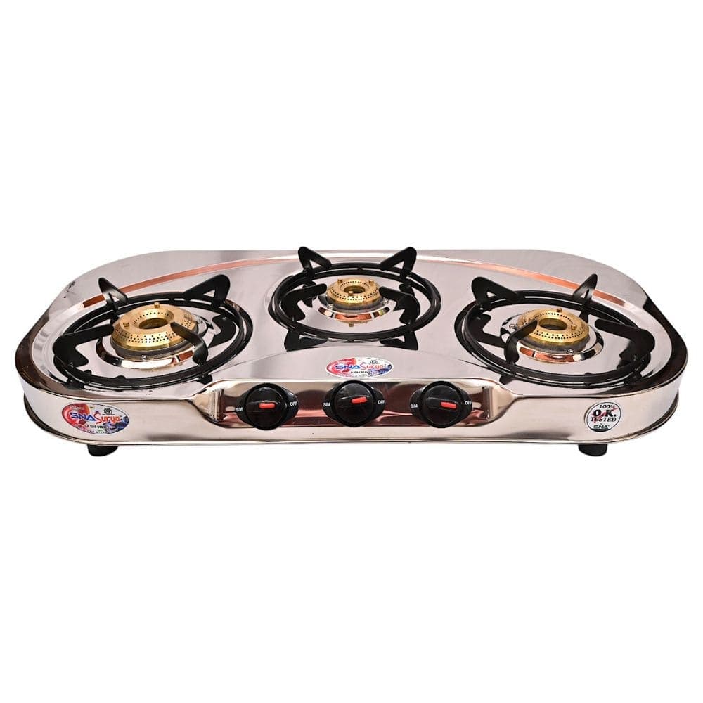 Durable Three-Burner Gas Stove with Stainless Steel Rounded Body