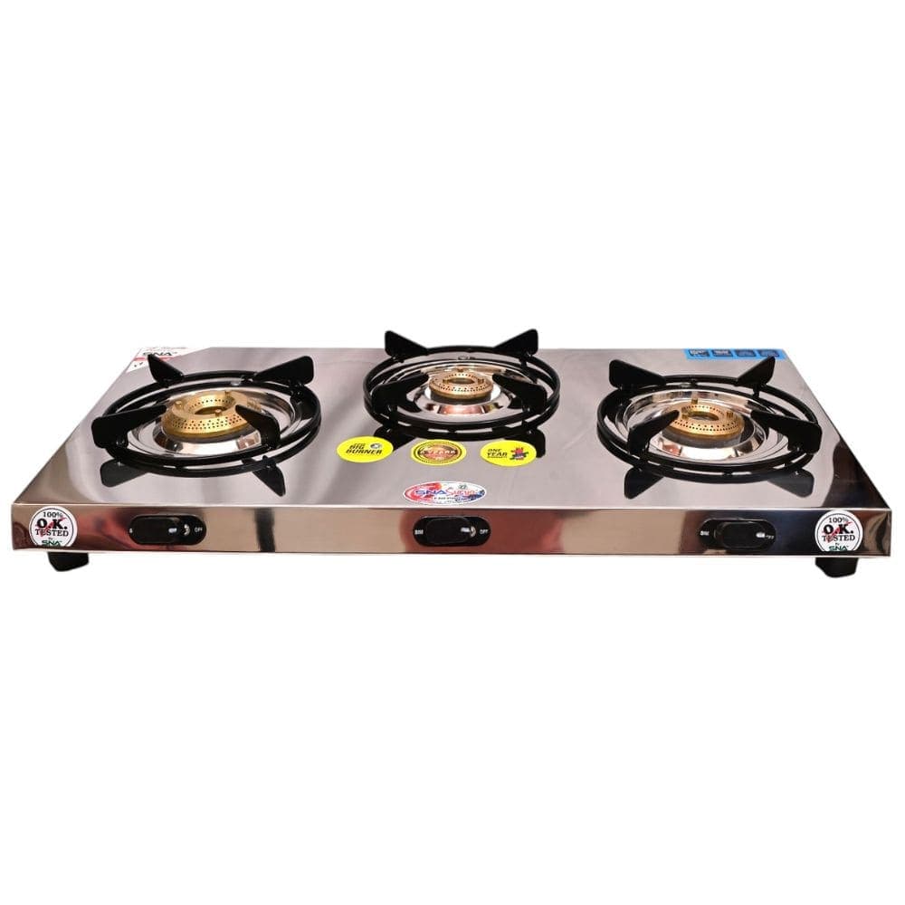 Sleek Slim Three-Burner Stainless Steel Gas Stove with Polished Finish
