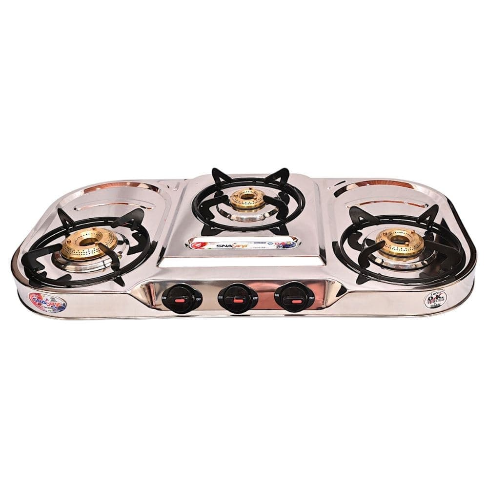 Step-Design Stainless Steel Three-Burner Gas Stove with Utensil Separation