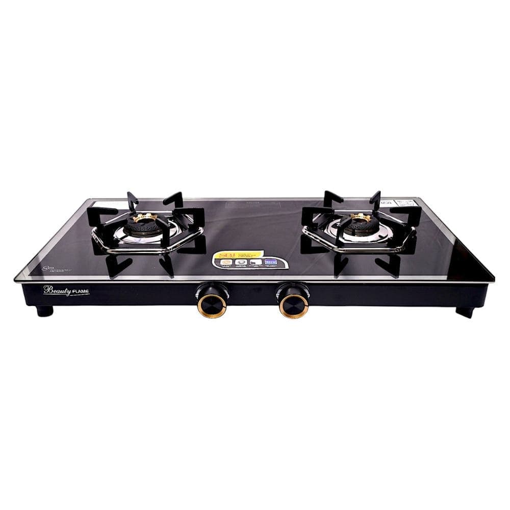 Black Glass Two-Burner Gas Cooktop Featuring Brass Burners and Robust Pan Supports