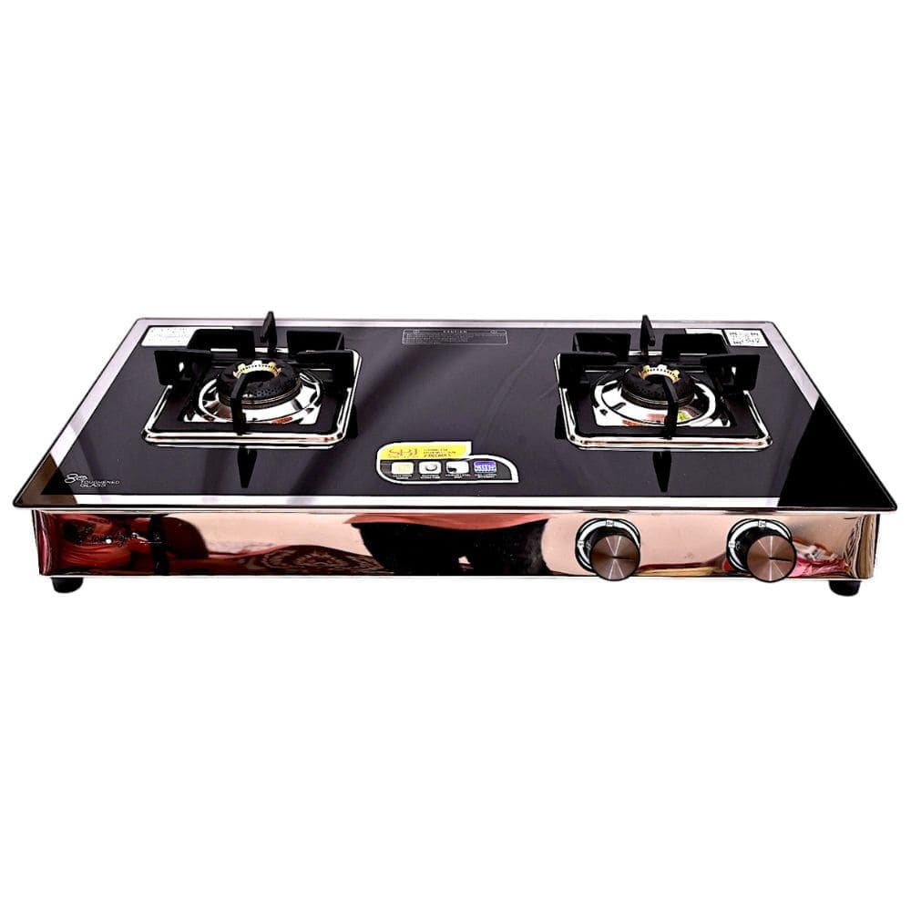Two-Burner Gas Stove with Premium Black Glass Top and Brass Burners