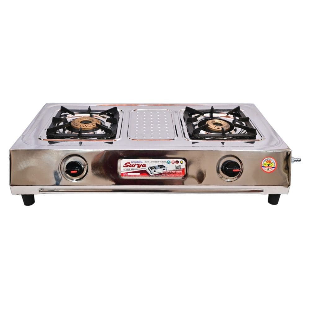 Reliable Two-Burner Stainless Steel Gas Stove with Brass Burners and Iron Pan Stands