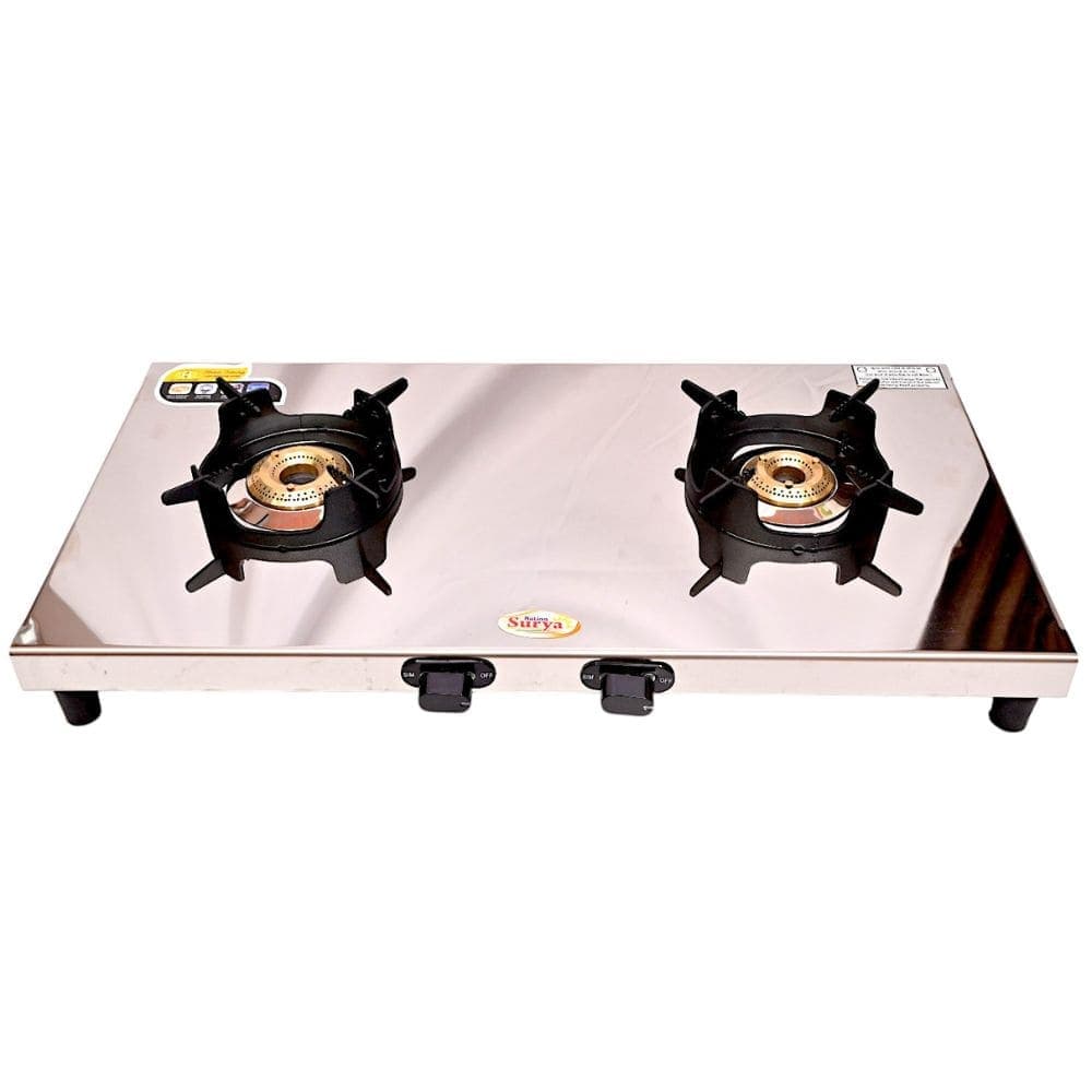 Stainless Steel Two-Burner Gas Stove with Durable Alloy Burners and Enhanced Pan Support