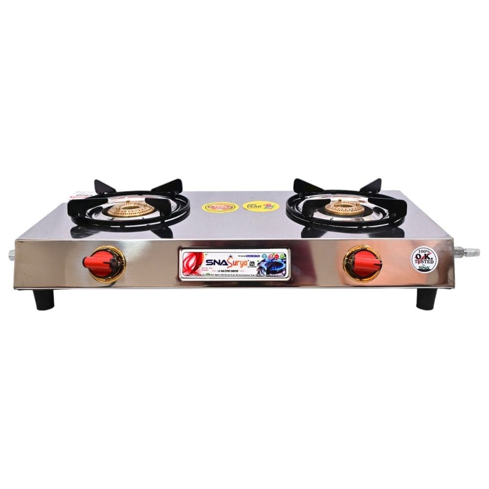 Premium Dual-Burner Gas Stove with Polished Stainless Steel and Brass Burners